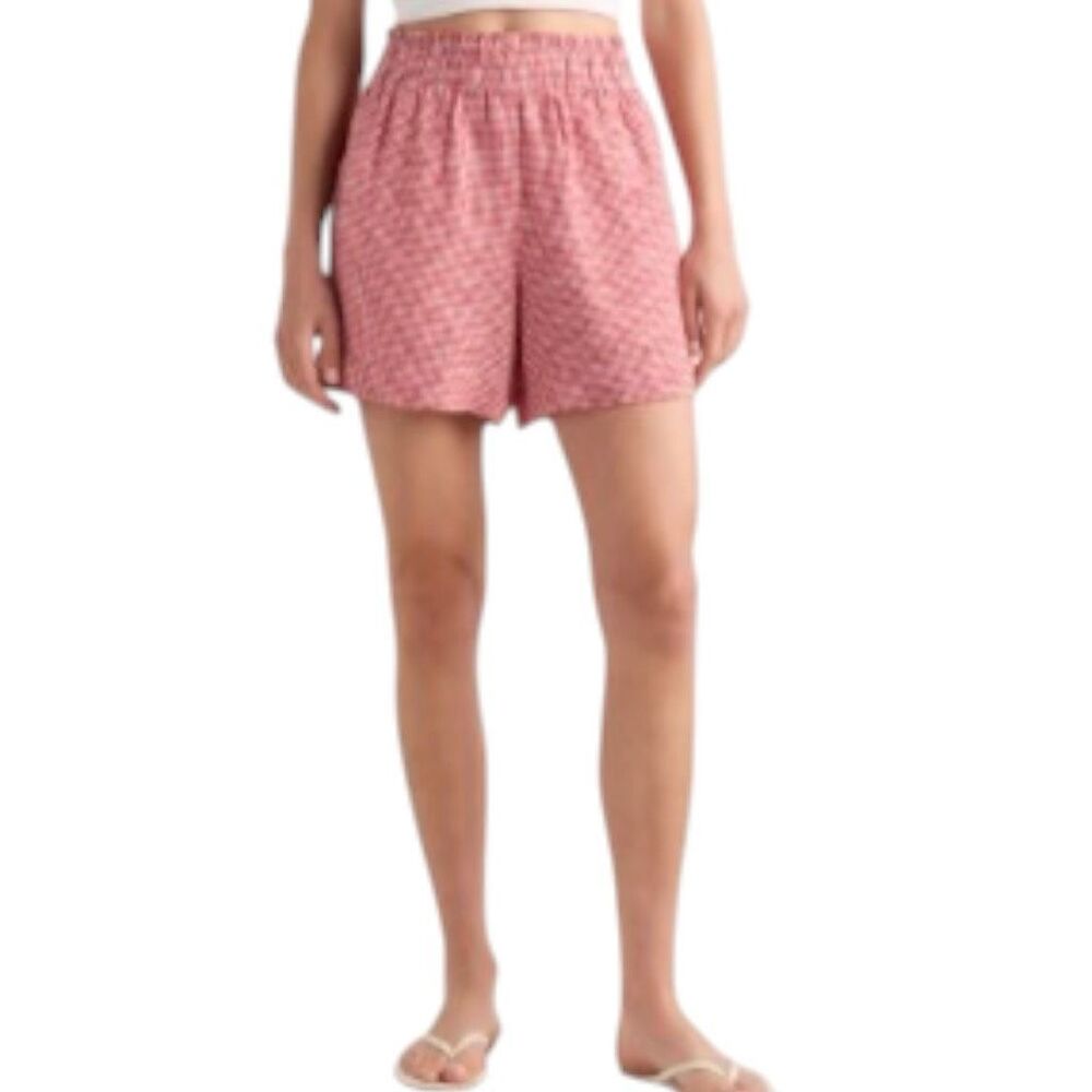 Quince European Linen High Waist Shorts Size Large Red & White Classic Gingham - Picture 2 of 8